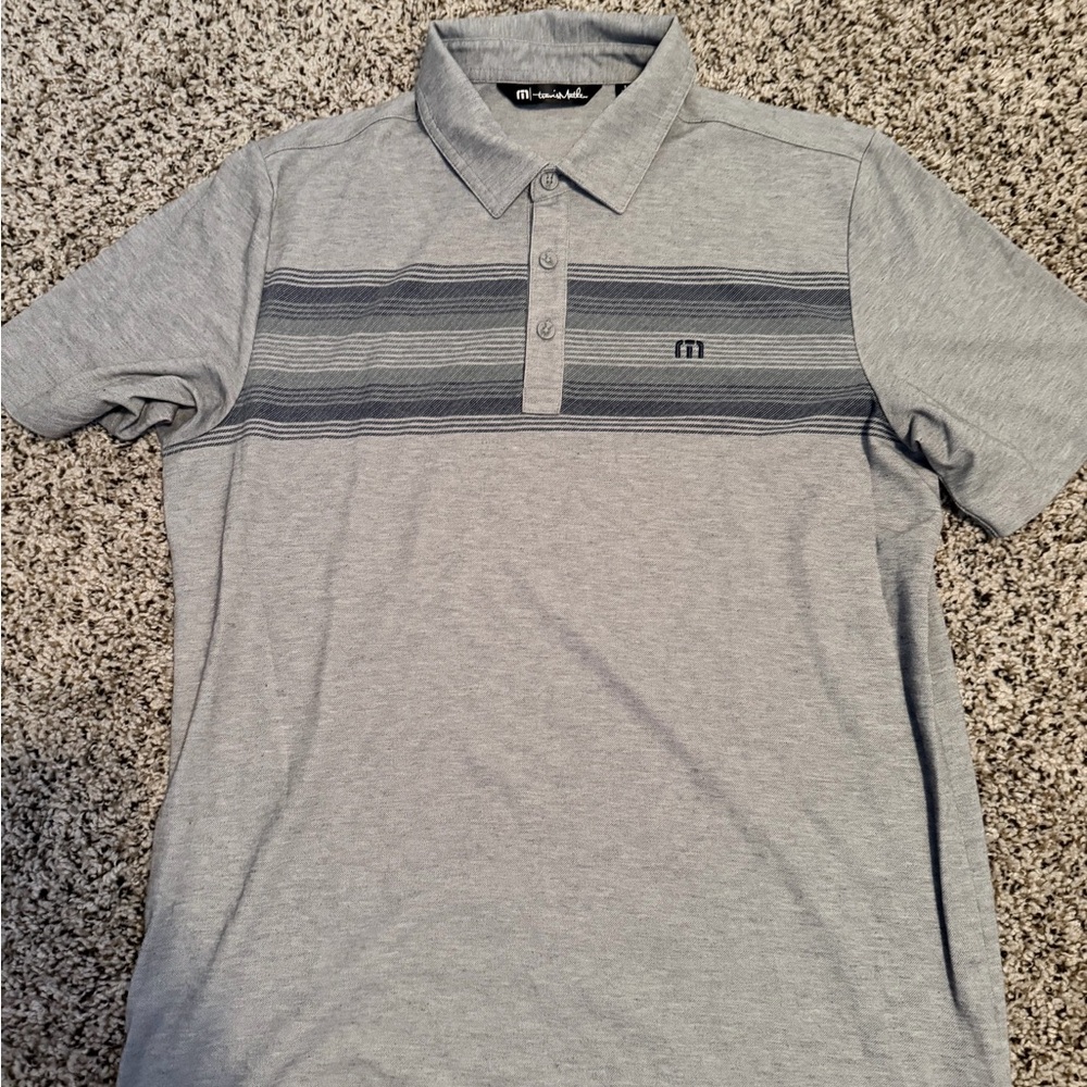 Travis Mathew Light Gray Polo with Navy Stripe Detail